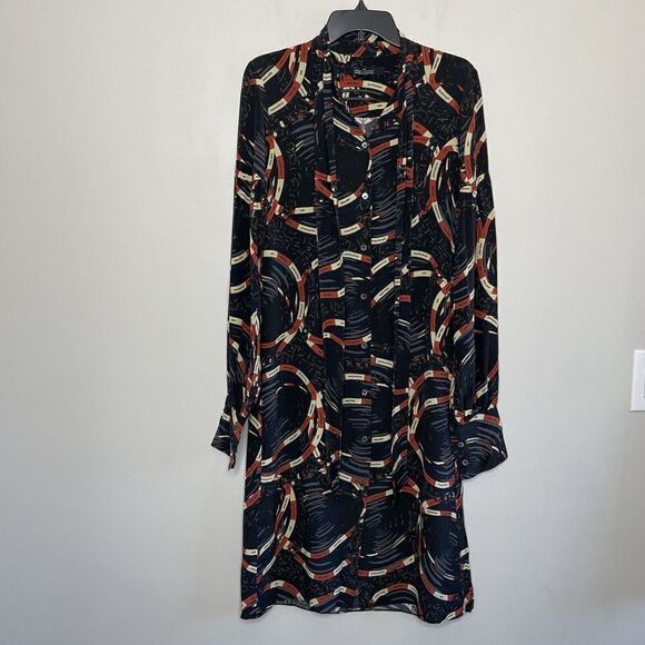ROKH Shirt Dress Womens 40 US 2-4 Scarf Frill Silk Button Front Long Sleeve Midi - Picture 2 of 14